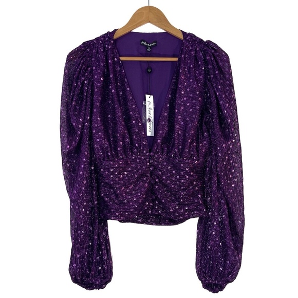 For Love & Lemons Women’s Size XS Purple Metallic Dot La Villette Cropped Blouse - Picture 2 of 12